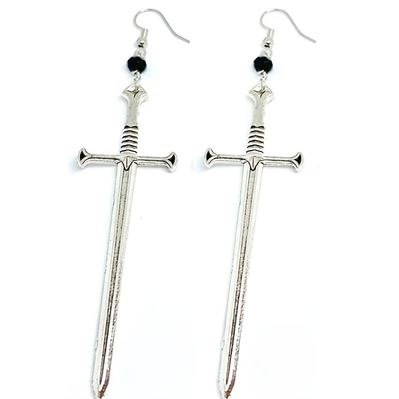 Dark Punk Vintage Silvery Cross Sword Dangle Earrings Long Gothic Medieval Exaggerated Dagger Cool Fashion Women Mystical Jewelry Gifts