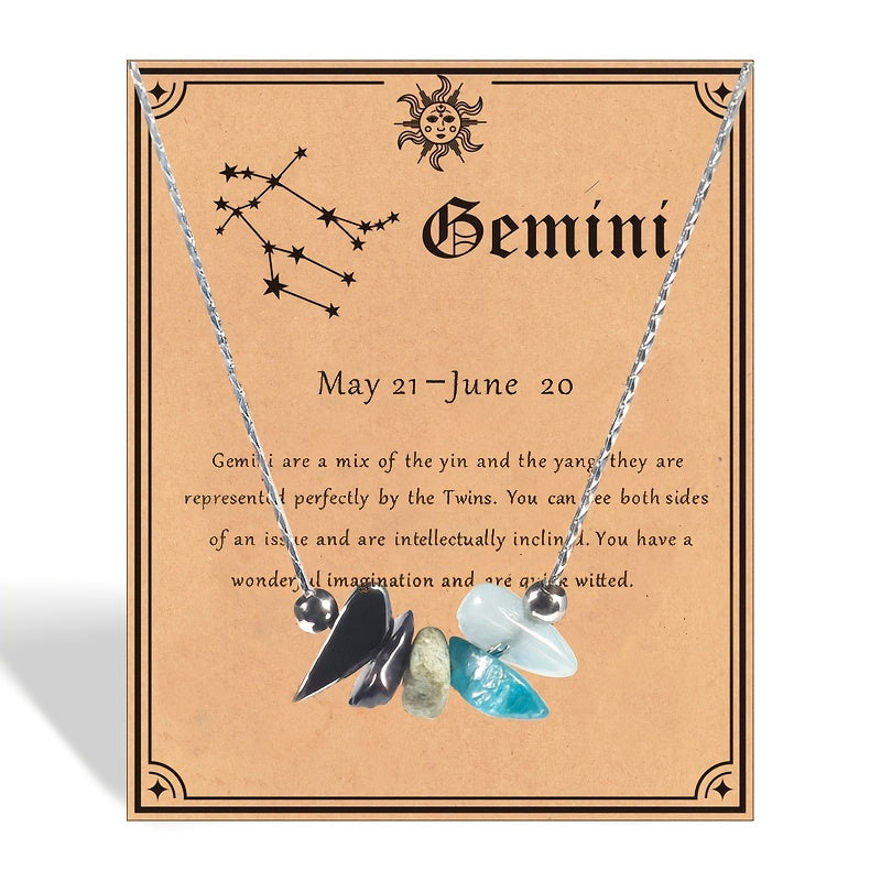 1pc Zodiac Gemstone Necklace with Astrological Card - Perfect Holiday Gift for Gemini, Aries, Leo - Star Sign Stones Pendant with Personality Traits Overview