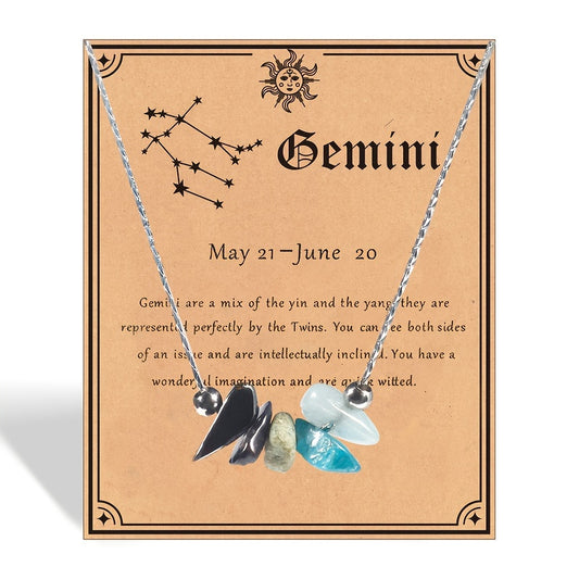 1pc Zodiac Gemstone Necklace with Astrological Card - Perfect Holiday Gift for Gemini, Aries, Leo - Star Sign Stones Pendant with Personality Traits Overview