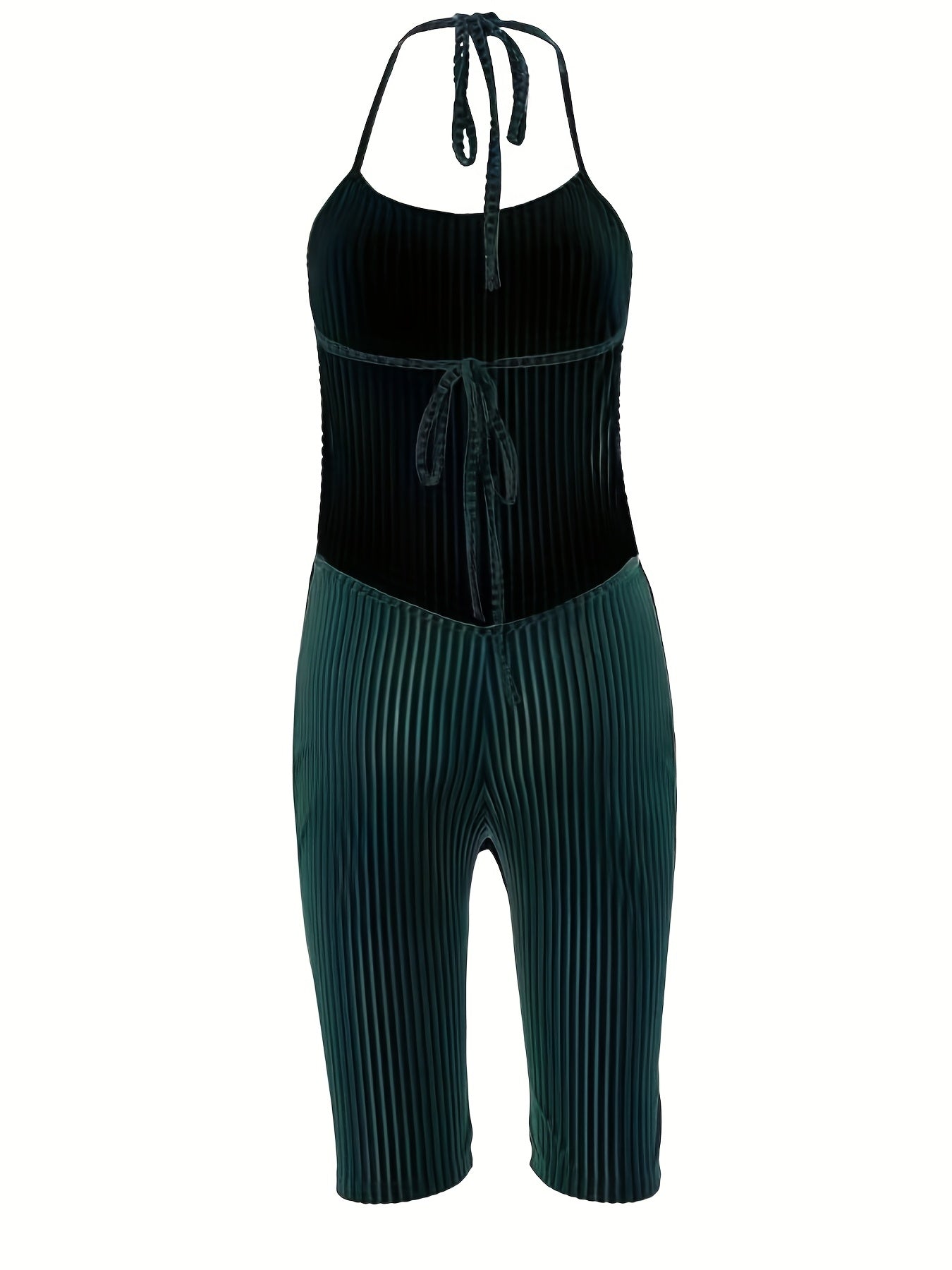 Sexy Velvet Halter Romper for Women - Backless Tie-Up Jumpsuit with Ribbed Texture, Machine Washable, Green, Perfect for Spring/Summer Parties, Plus Rompers And Jumpsuits
