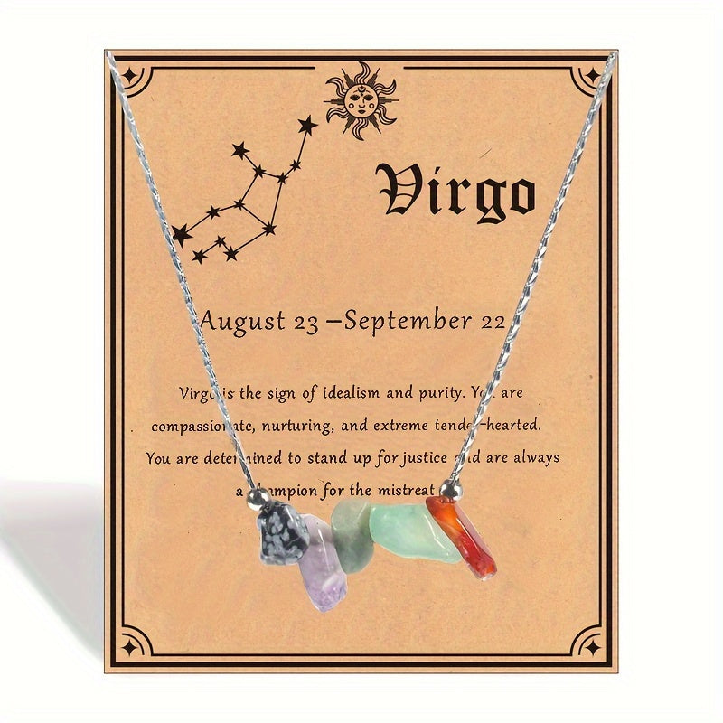 1pc Zodiac Gemstone Necklace with Astrological Card - Perfect Holiday Gift for Gemini, Aries, Leo - Star Sign Stones Pendant with Personality Traits Overview