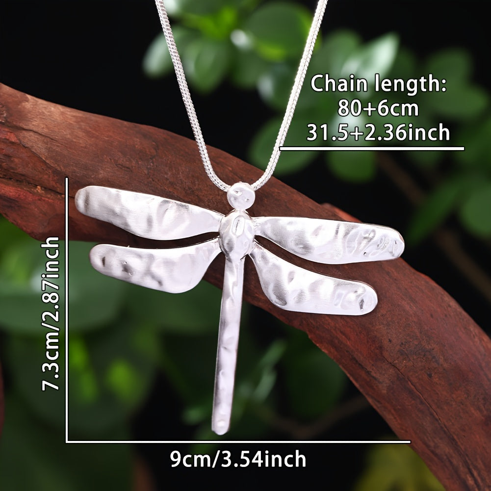 [Silvery Dragonfly Necklace] Silvery Zinc Alloy Long Necklace | Women's Hollow-out Senior Dragonfly Pendant Retro Bohemian Style Casual Daily