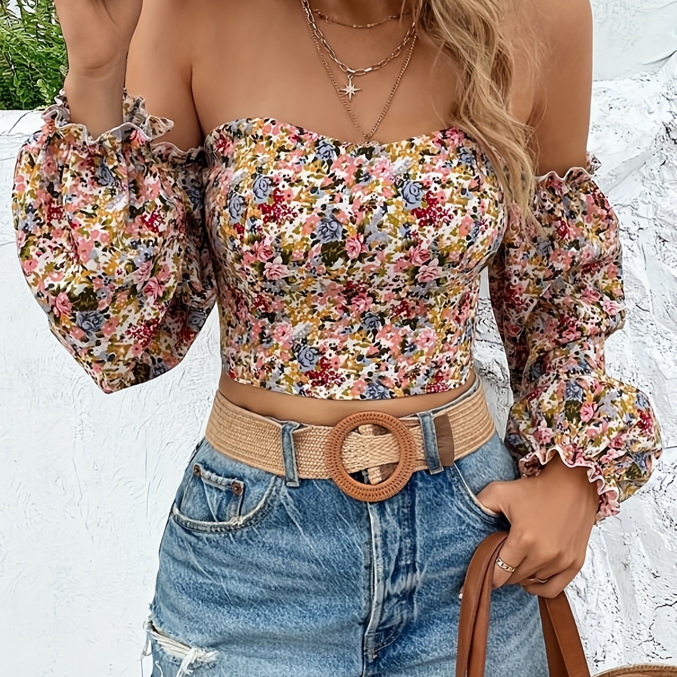 [Popular Choice] Chic Floral Off-Shoulder Lantern Sleeve Crop Top - Sexy Sweetheart Neckline, Polyester & Spandex Blend, Machine Washable - Perfect for Spring/Fall Fashion, Lantern Sleeve, Crop Top, Sexy Style, Spring/Autumn