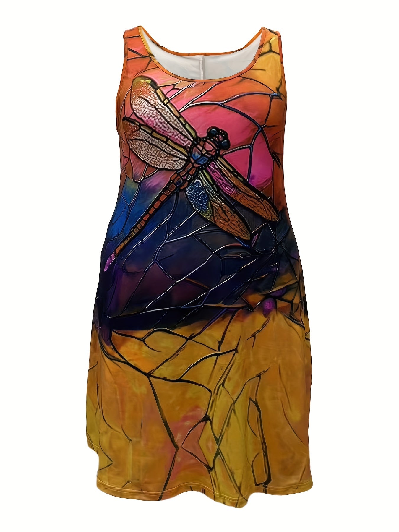Plus Size Dragonfly Print Tank Dress, Casual Sleeveless Dress For Spring & Summer, Women's Plus Size Clothing
