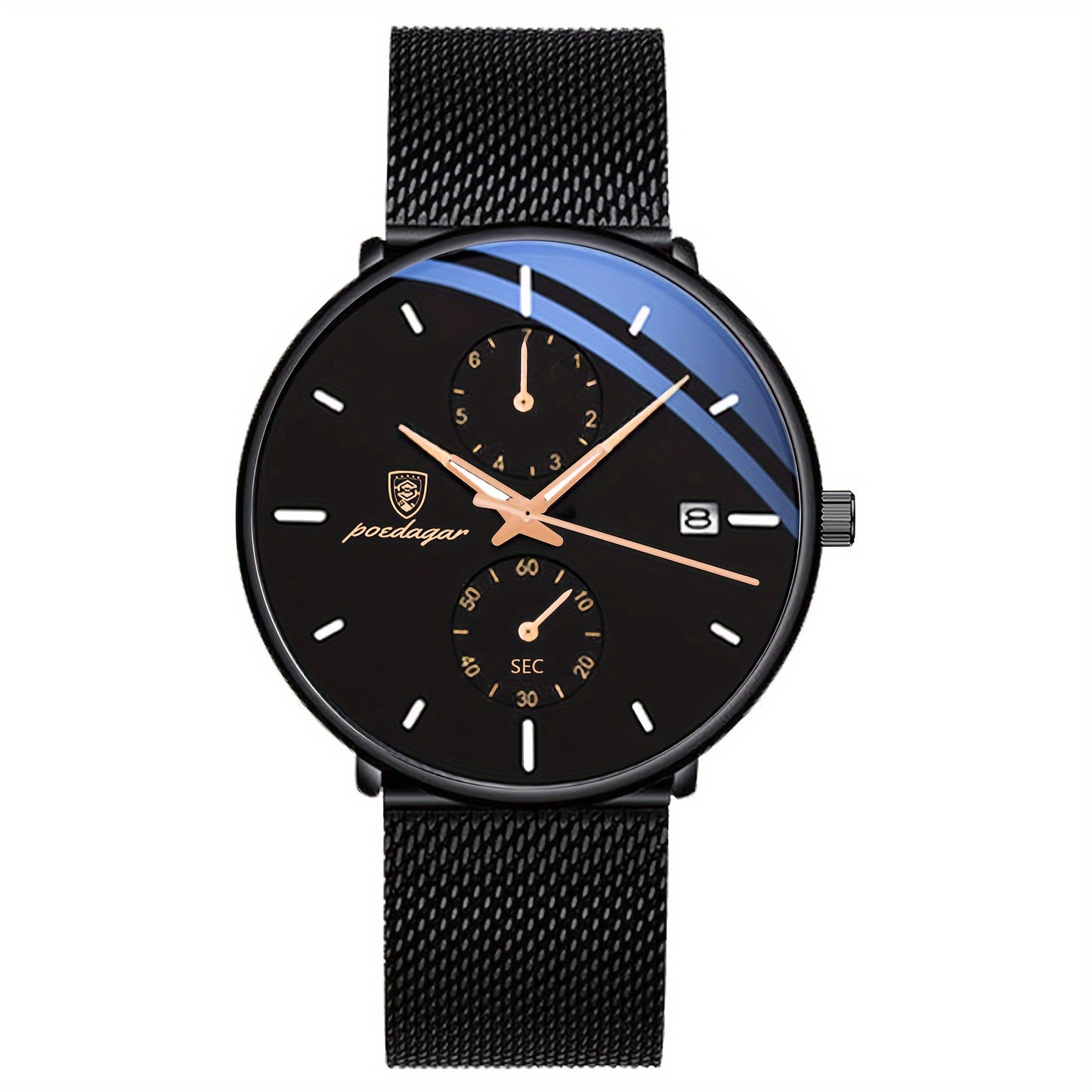 Mens Slim Quartz Watch - Luminous Date Display, Water Resistant, Stainless Steel Mesh Strap, Ideal Gift for Him, Stylish Sport Wristwatch for Everyday Wear