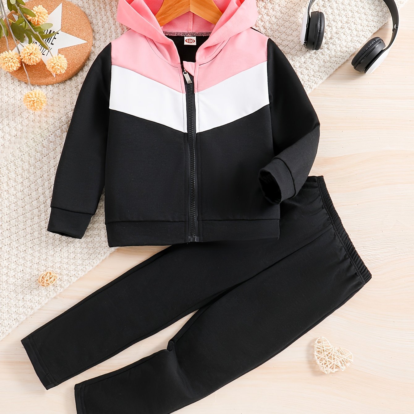 2pcs Girl's Zipper Hoodie Outfit, Color Clash Jacket & Pants Set, Sporty Style, Toddler Kid's Clothes For Spring Fall