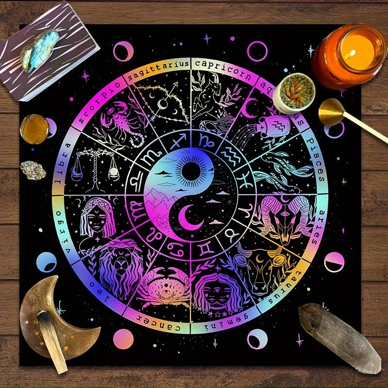 Sun Moon Starry Sky Polyester Tarot Card Tablecloth - 12 Zodiac Constellations Altar Cloth for Tarot Reading, Astrology Themed Party Games & Activities, Durable Material, Electricity-Free, Age 14+ - 1pc