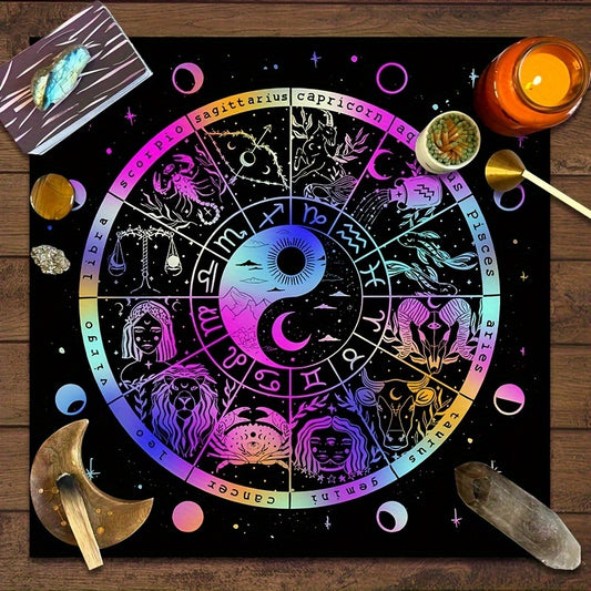 Sun Moon Starry Sky Polyester Tarot Card Tablecloth - 12 Zodiac Constellations Altar Cloth for Tarot Reading, Astrology Themed Party Games & Activities, Durable Material, Electricity-Free, Age 14+ - 1pc