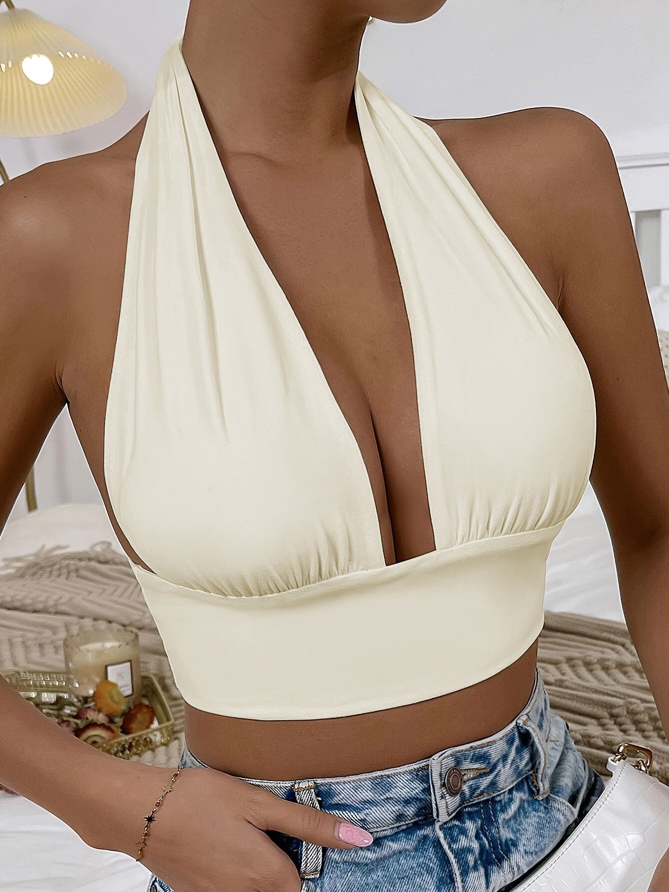 1pc Elegant Orange Halter Neck Backless Crop Top - High Stretch, Deep V-Neckline, Sleeveless Tank for Women, Perfect for Casual or Stylish Outfits, Casual Chic Top | Backless Dress | Stretchy Fabric