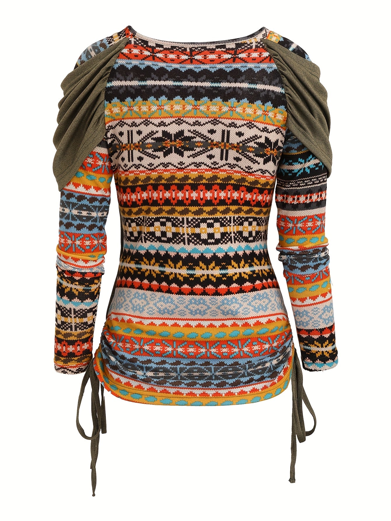Long Sleeve Ethnic Pattern 1pc Y2K Style Women's T-Shirt, Textured Cross-Section Design with Faux Button Detail, Knit Polyester Top for All-Season Fashion