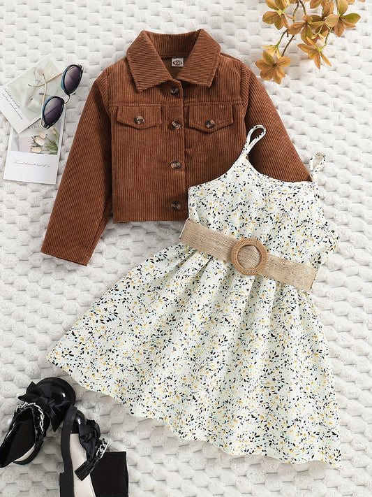 Girl's Casual Outfit 2pcs, Corduroy Jacket & Floral Pattern Dress Set, Kid's Clothes For Spring Autumn Summer