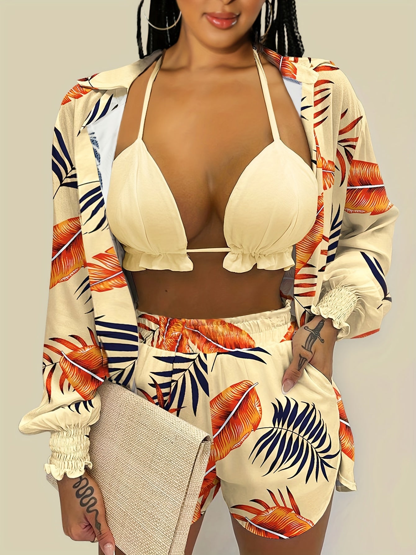 3pcs Vibrant Summer Women's Outfit: Sexy Red Halter Top & Floral Print Shorts Set with Sheer Long Sleeve Shirt - Polyester Blend, Machine Washable, Perfect for Vacation, Sexy, New Style, Print, 3pcs Set, Women's Clothing