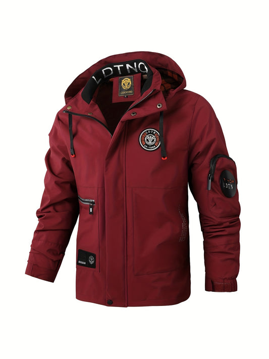 Mens Waterproof Zipper Pocket Hoodie Jacket - Stylish Drawstring Hood, Stretchy Comfort, Water-Repellent for Spring & Fall Outdoors