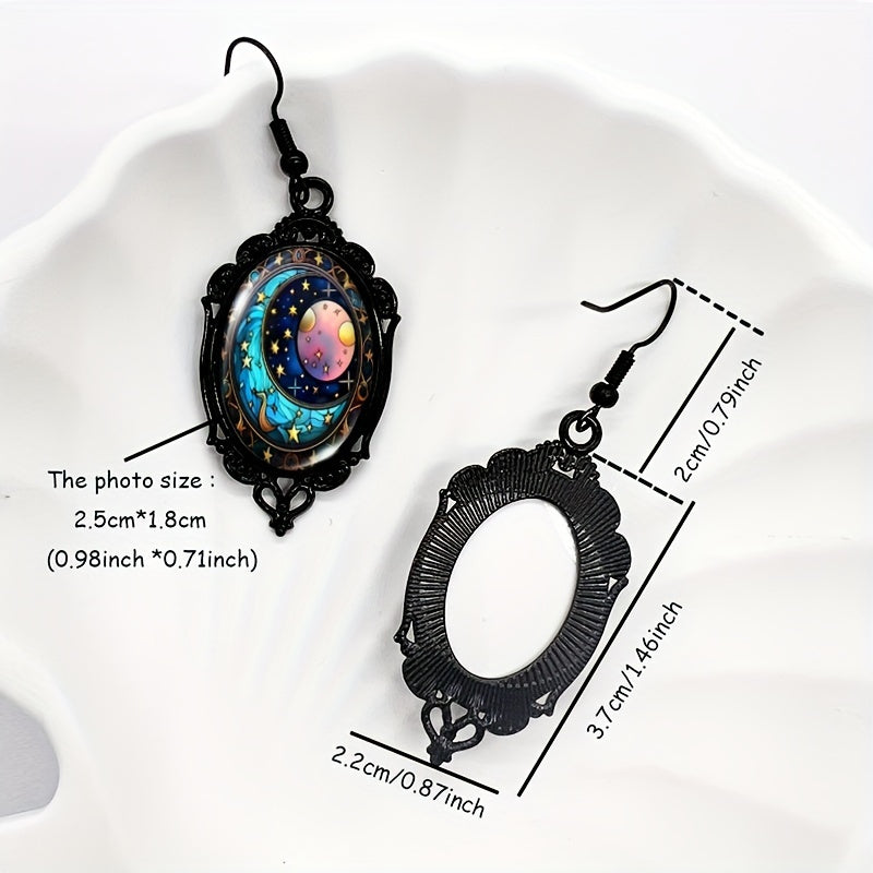 Boho Alloy Drop Earrings with Celestial Sun, Moon, and Stars Design, Black Lace Frame, Glass Cabochon Inlay, Hook Back, Antique Style Dangle Ear Jewelry for Women - 1 Pair