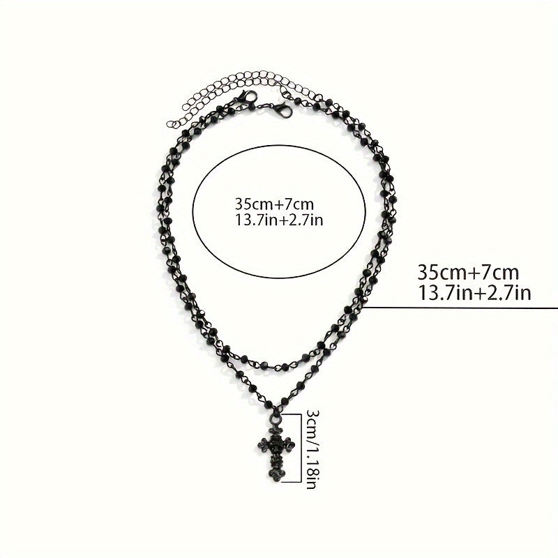 Vintage Sweet Gothic Double Layered Cross Crystal Necklace For Women, Retro Style, Elegant Accessory, Black Jewelry, Fashion Statement, Adjustable Chain