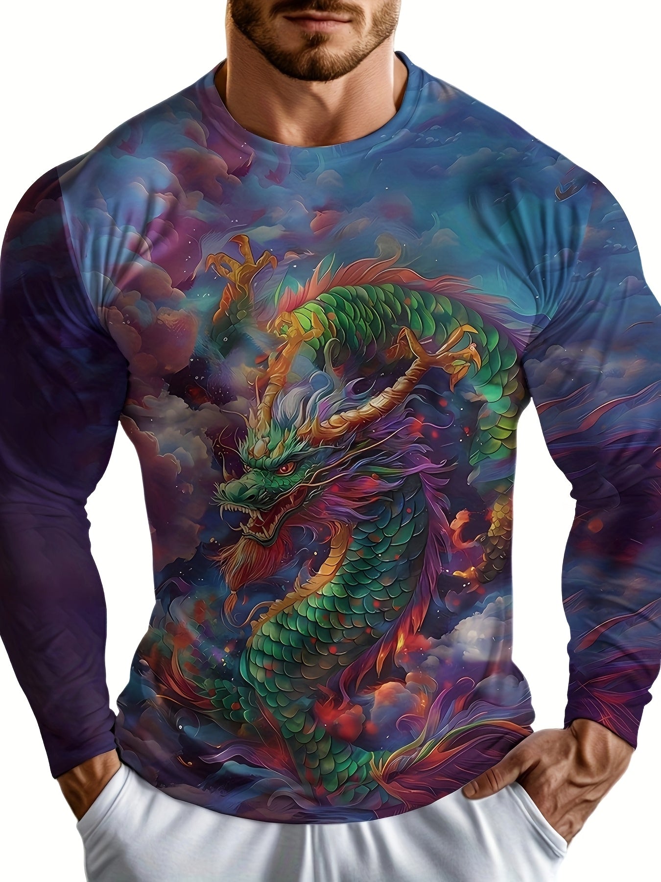 Men'S Long Sleeve Crew Neck T-Shirt, Casual Polyester Knit Fabric with Slight Stretch, All Over 3D Dragon Print, for Spring/Fall