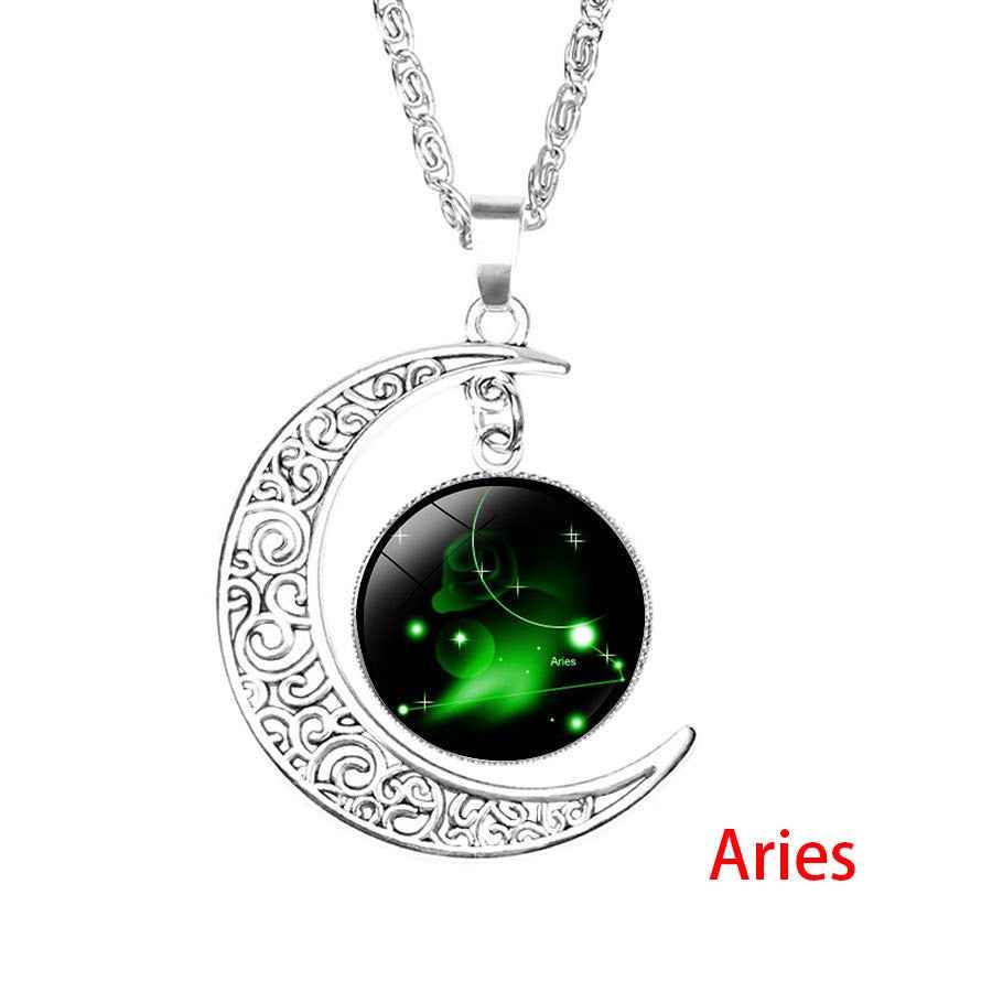 12 Zodiac Sign Pendant Necklace Glass Cabochon Double Galaxy Constellation Horoscope Astrology Necklace For Women Men Jewelry - Pedlar's Attic