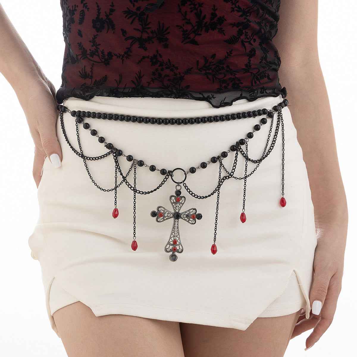 Dark Wind Cross Iron Chain Waist Chain Multi layer Versatile Tassel Crystal Body Chain Female - Pedlar's Attic