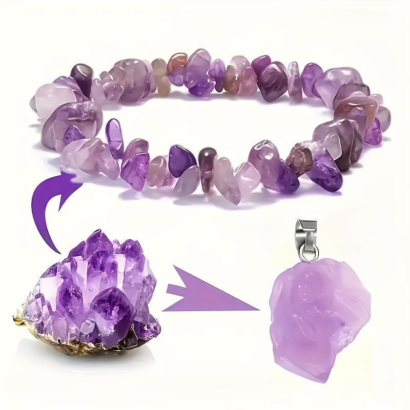 Healing Crystal Amethyst Necklace and Bracelet Set - Natural Gemstone Energy Jewelry for Men and Women - Perfect Gift for Couples - 2pcs/Set