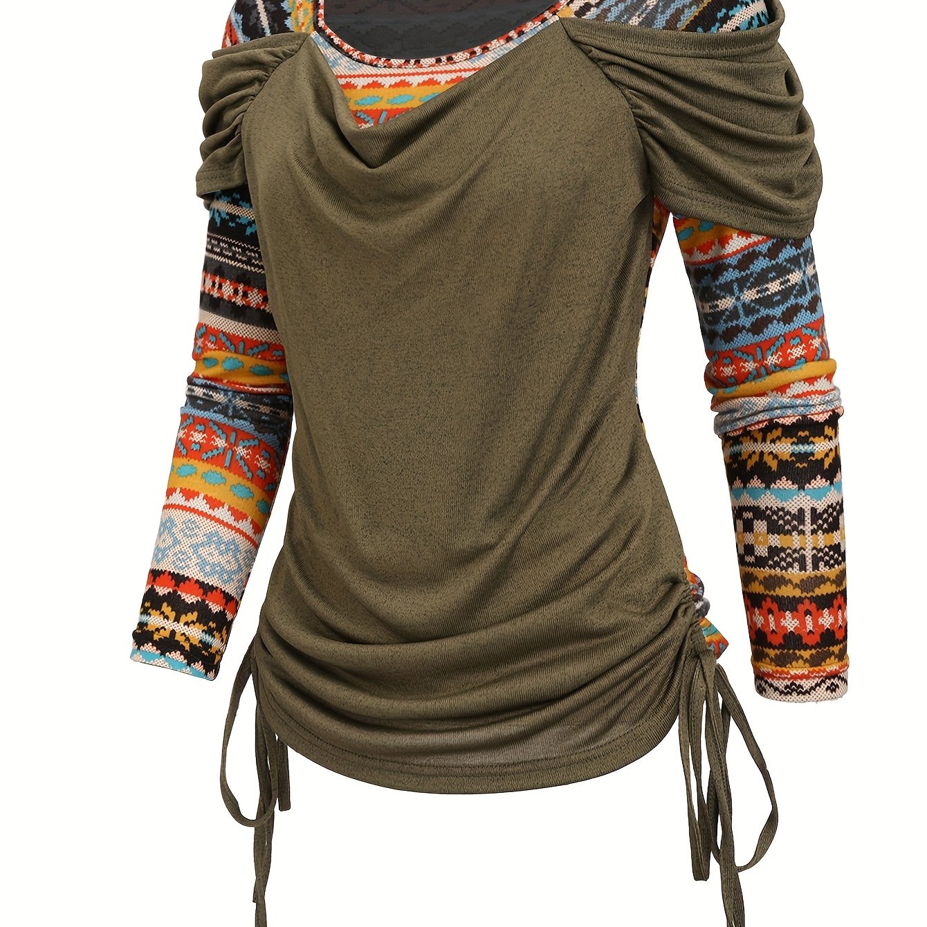 Long Sleeve Ethnic Pattern 1pc Y2K Style Women's T-Shirt, Textured Cross-Section Design with Faux Button Detail, Knit Polyester Top for All-Season Fashion