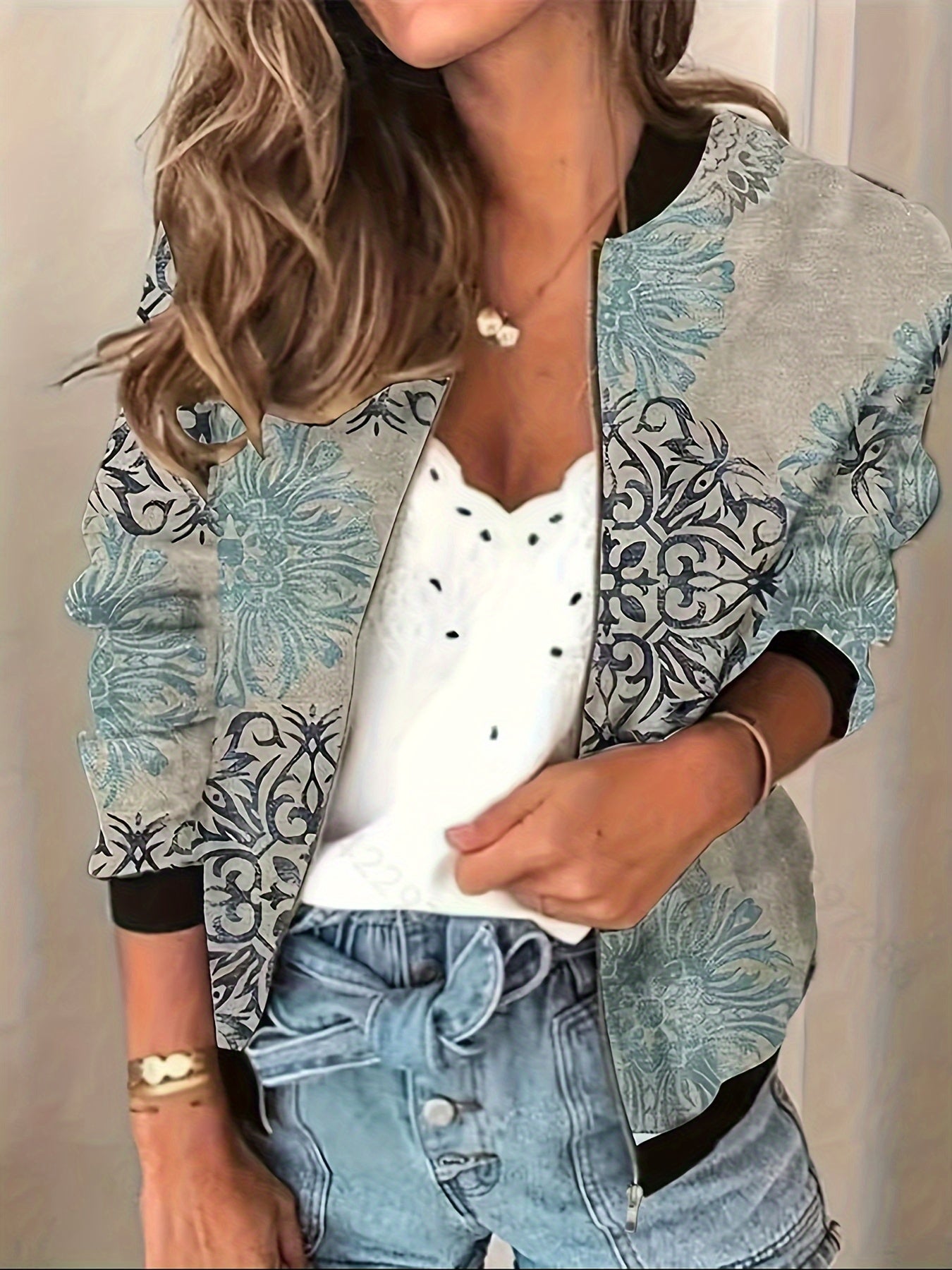 Graphic Print Zipper Jacket, Casual Baseball Neck Long Sleeve Outerwear, Women's Clothing
