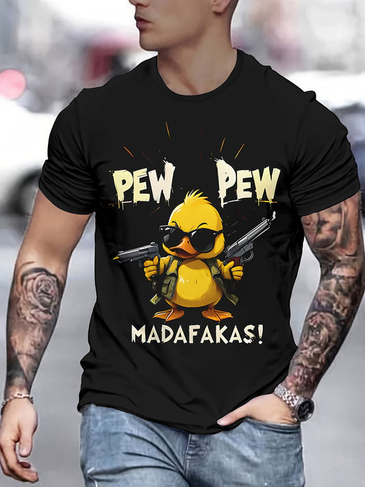[Popular Choice] Men's Hasna Novelty 3D Printed T-Shirt - "PEW PEW" Cartoon Duck with Fashion Glasses, Casual Polyester Crew Neck Tee, Machine Washable - Black