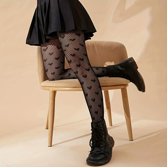 Sexy Heart Print Fishnet Tights, Hollow Out High Waist Mesh Pantyhose, Women's Stockings & Hosiery