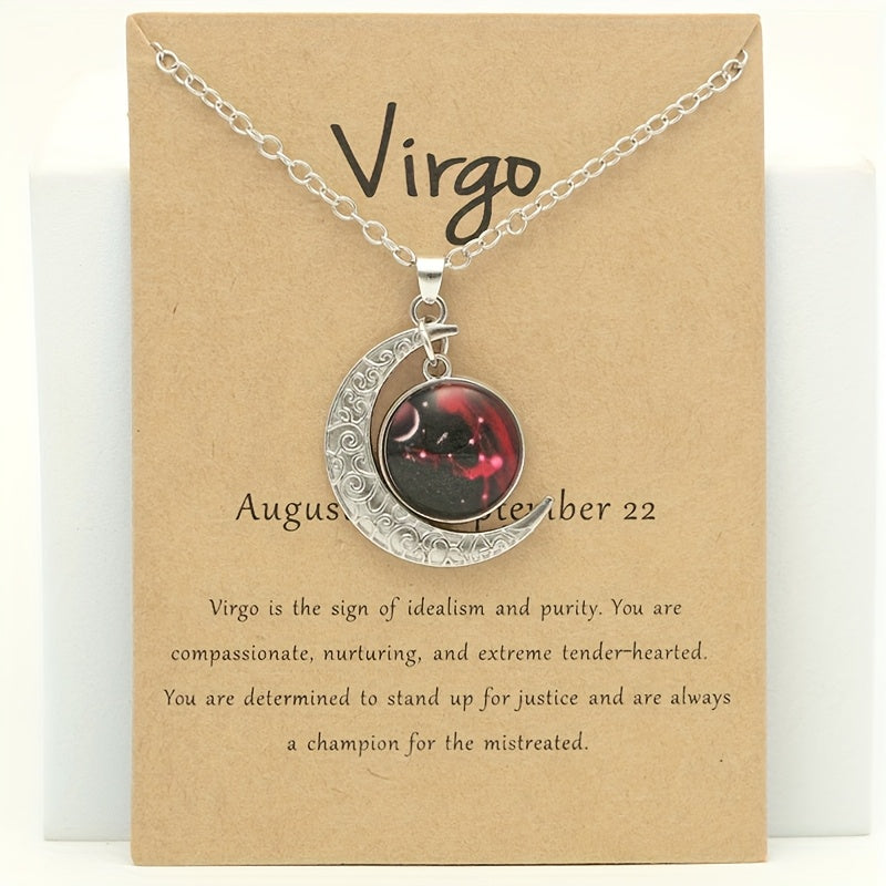 1pc Retro Glow-in-the-Dark Zodiac Moon Pendant Necklace - Vintage Style, Zinc Alloy with Glass Accents, Adjustable Chain for Women - Ideal for Daily Wear & Gifting, Zodiac Jewelry, Gift Jewelry, Vintage Jewelry, Durable Jewel