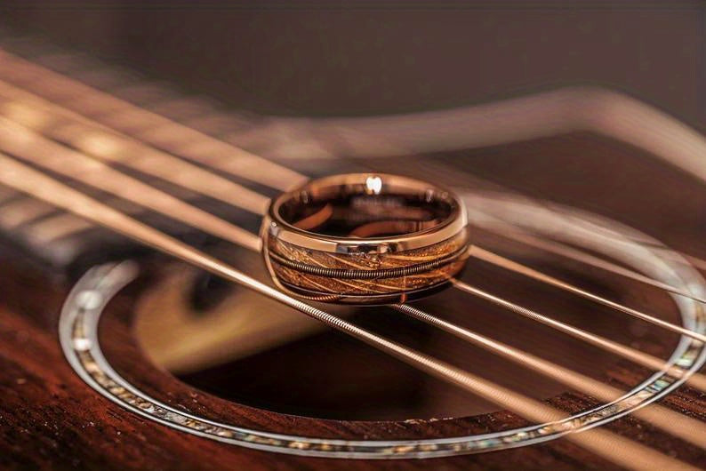 1pc Men's Fashion Guitar String & Whiskey Barrel Shaped Mens Wedding Rose Golden Band, Engagement Anniversary Gift, Titanium Steel Promise Ring For Husband Gift