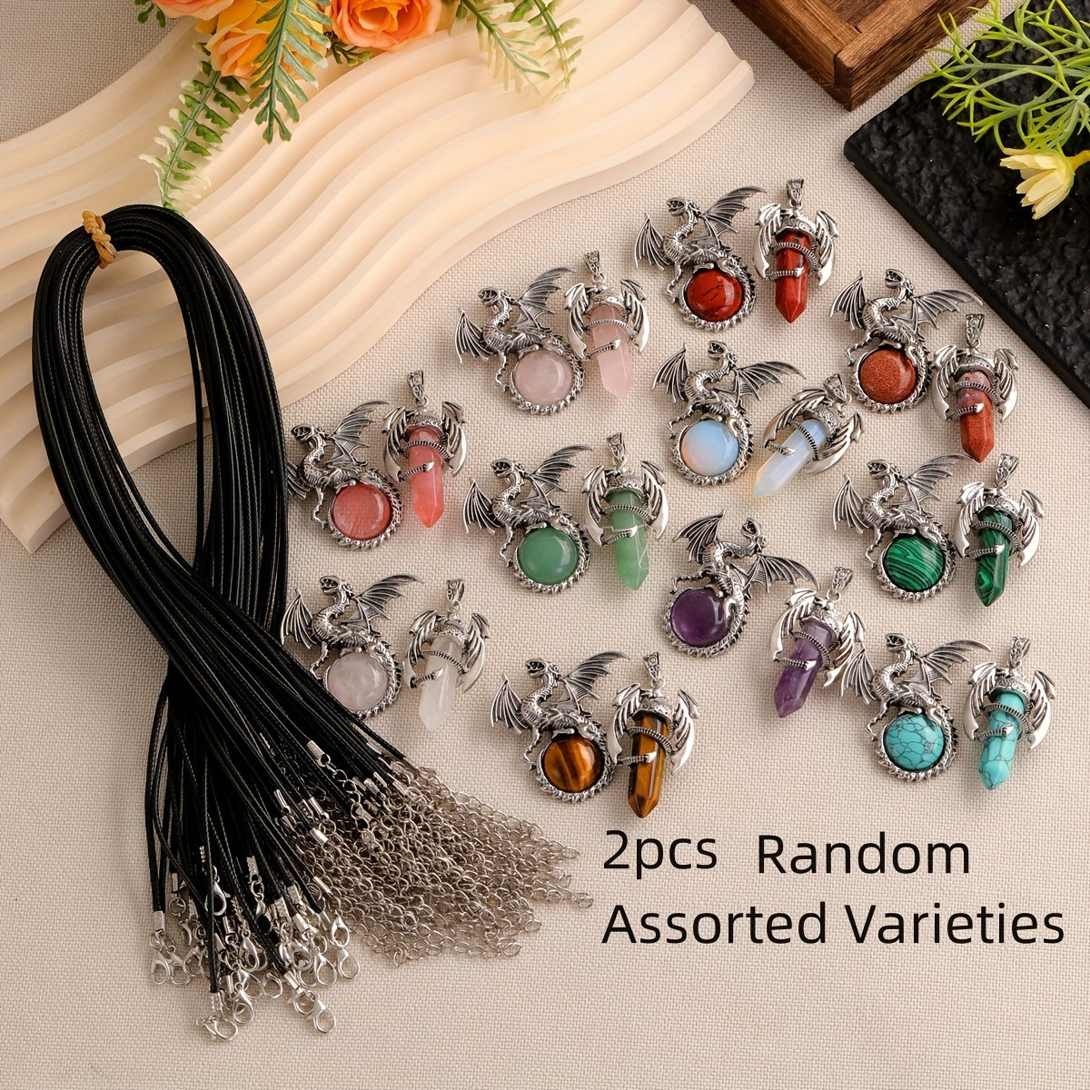 2pcs/set Synthetic Crystal Dragon Necklace Pendants for Men And Women, Retro Cool Artificial Elf Stone Pendants, Christmas, Easter, Flying Dragon Pendant Gift Set