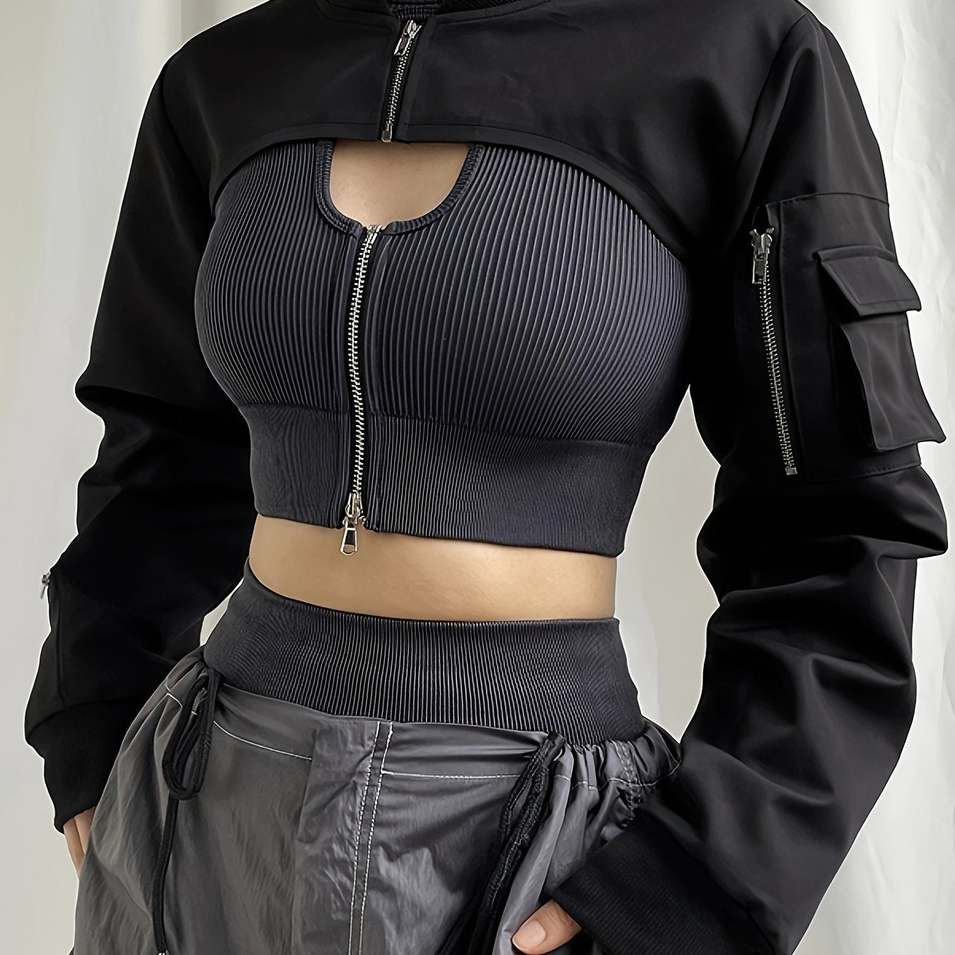 Women's Casual Bomber Jacket with Pockets - Versatile Spring/Fall Wear, Zip-Up Long Sleeve, Machine-Washable Polyester Blend