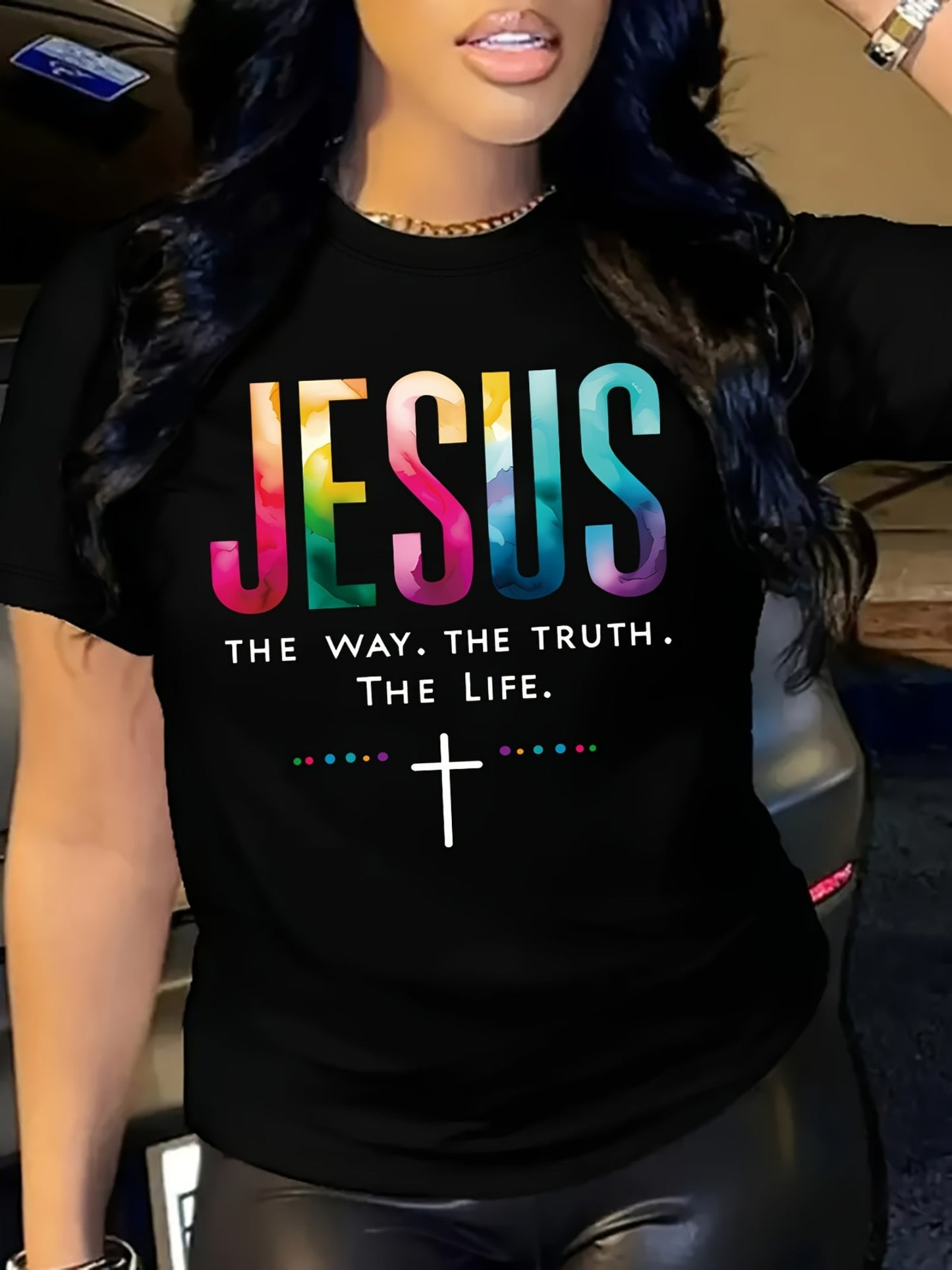 [Inspirational|Jesus] Colorful Inspirational Jesus Graphic Women's T-Shirt | Crew Neck Short Sleeve Top | Machine Washable for Spring & Summer