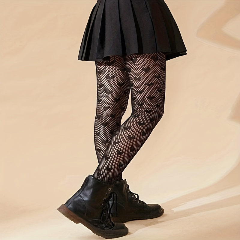 Sexy Heart Print Fishnet Tights, Hollow Out High Waist Mesh Pantyhose, Women's Stockings & Hosiery