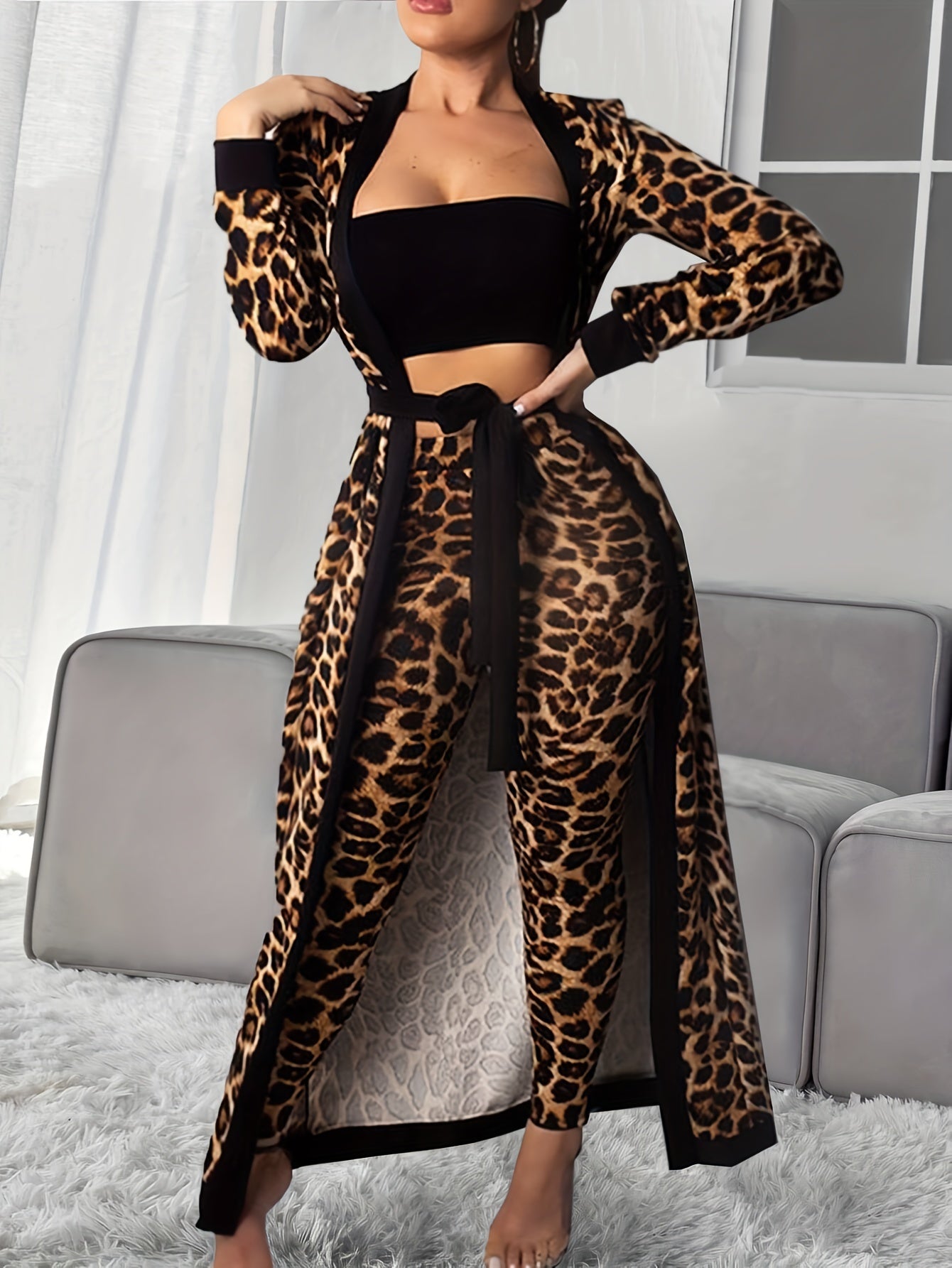 Leopard Print Lounge Set, Long Sleeve Robe With Belt & Strapless Crop Top & Pants, Women's Loungewear & Sleepwear