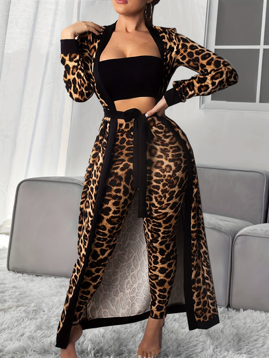 Leopard Print Lounge Set, Long Sleeve Robe With Belt & Strapless Crop Top & Pants, Women's Loungewear & Sleepwear