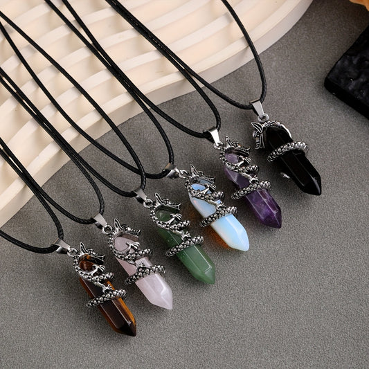 1pc Flying Dragon Pendant Necklace, Synthetic Faux Gemstone, Gun Black Plated, Double Pointed Hexagonal Column, Animal Pattern, Casual Style, February Birthstone, Ideal Gift for Special Occasions, DIY Jewelry for Men and Wome
