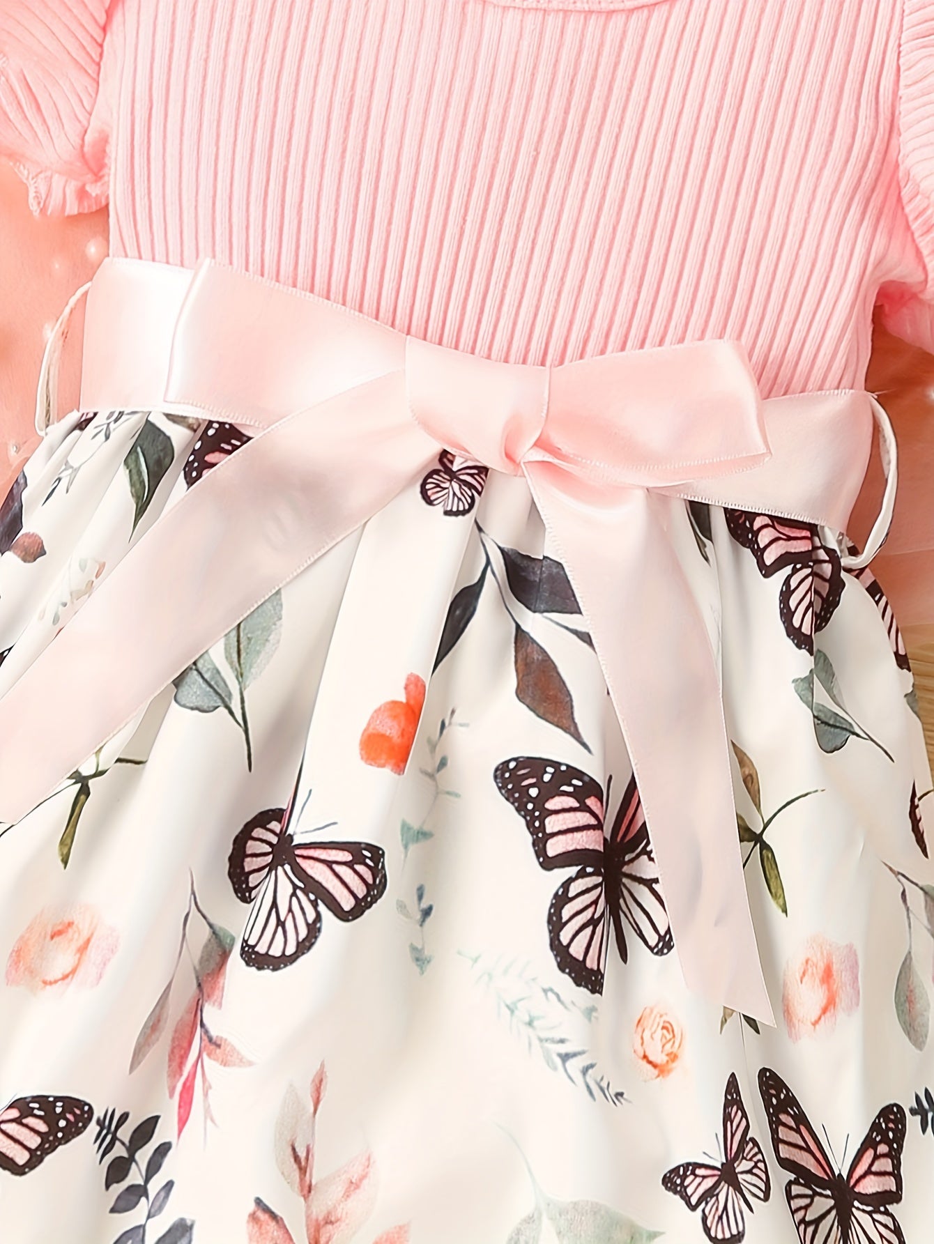 Baby Girls Cute Butterfly Graphic Print Ruffled Sleeve Belted Dress, Kids Summer Comfortable Clothes