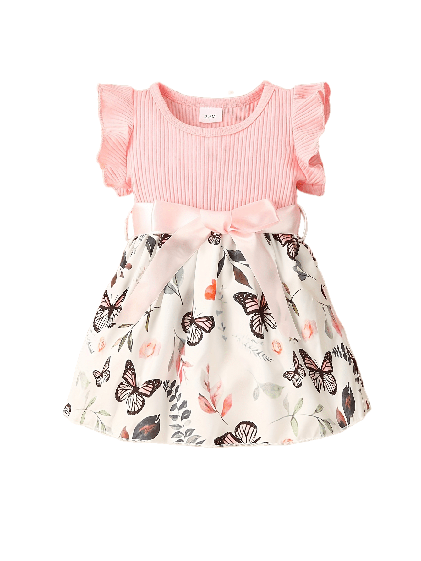 Baby Girls Cute Butterfly Graphic Print Ruffled Sleeve Belted Dress, Kids Summer Comfortable Clothes