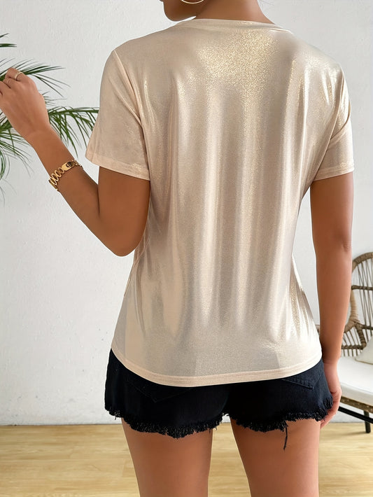 Elegant French-Inspired Shimmering Princess-Themed Women's T-Shirt - Casual Crew Neck, Short Sleeve, Solid Color, Stretchy Polyester Blend, Machine Washable - Perfect for Spring/Summer/Fall