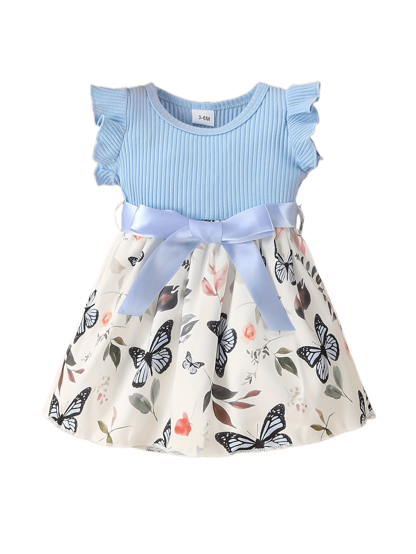 Baby Girls Cute Butterfly Graphic Print Ruffled Sleeve Belted Dress, Kids Summer Comfortable Clothes