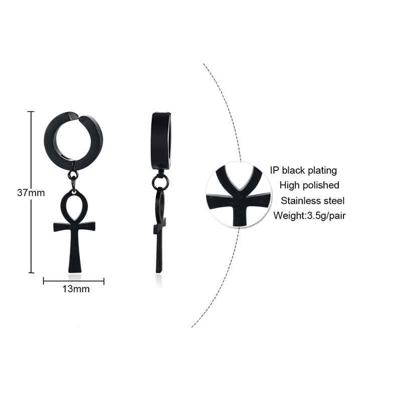Eternal Cross Egypt Cleopatra Ankh Earrings for Men Jewelry Antiqued Black Stainless Steel Egyptian Queen Ankara Earing - Pedlar's Attic