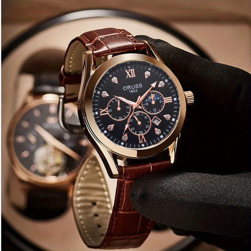Mens Round Quartz Watch - Funky PU Leather Strap, Non-Waterproof, Electronic Pointer Display, Alloy Case, Ideal Gift for College Gentleman