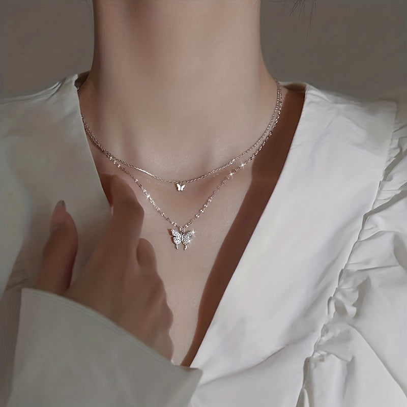 Y2K Rhinestone Butterfly Double Layers Necklace Shiny Silvery Party Dating Gift Daily Jewelry Accessories