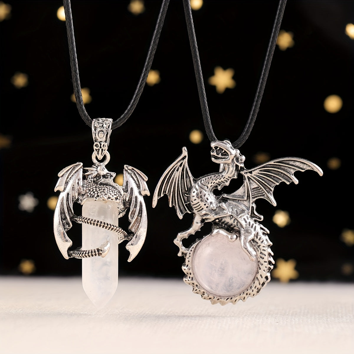 2pcs/set Synthetic Crystal Dragon Necklace Pendants for Men And Women, Retro Cool Artificial Elf Stone Pendants, Christmas, Easter, Flying Dragon Pendant Gift Set