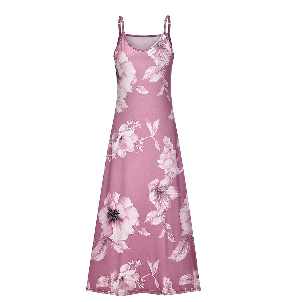 Long Sleeveless Spaghetti Strap Floral Print Slingback Dress - Sexy Beach Style, Regular Fit, Micro Elasticity, Machine Washable, Polyester Fabric - Perfect for Adult Women