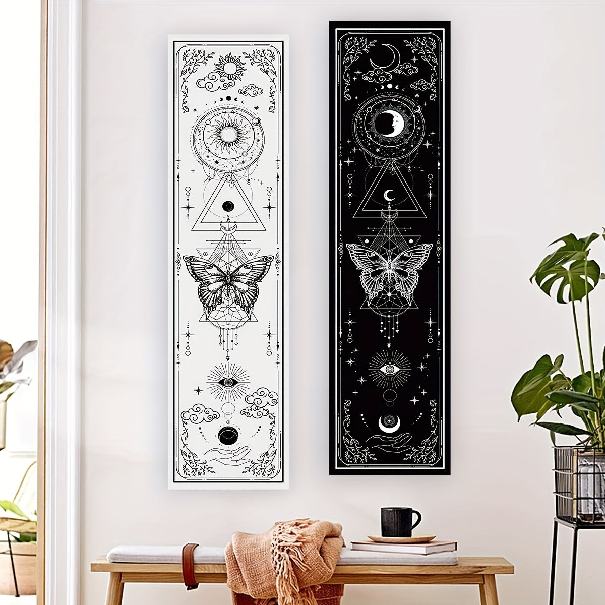 1pc Sun Moon Vertical Tapestry Black and White Butterfly Tapestry Wall Hanging for Living Room Bedroom Office Aesthetic Gothic Witchy Tapestry Home Room Wall Decor