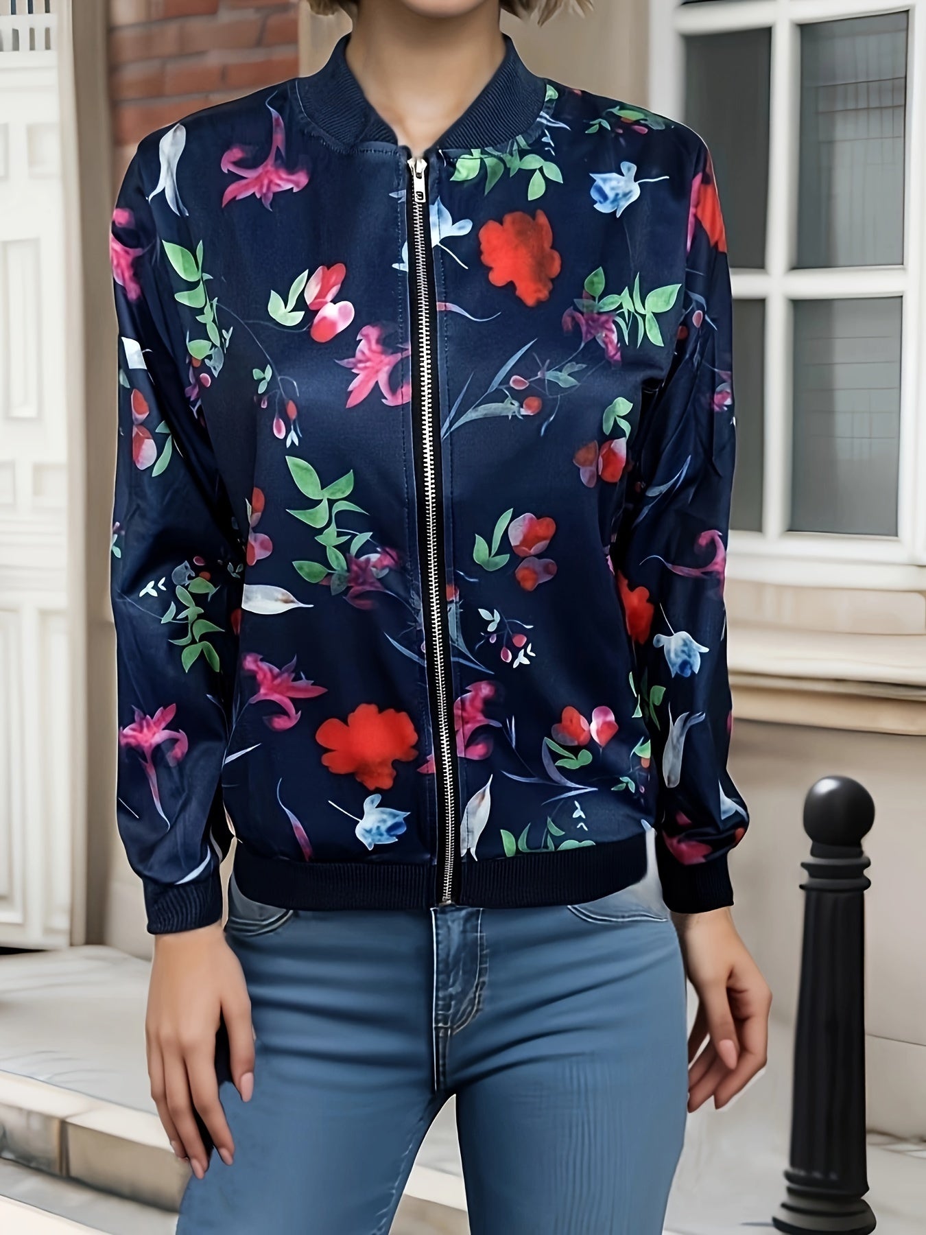 Graphic Print Zipper Jacket, Casual Baseball Neck Long Sleeve Outerwear, Women's Clothing