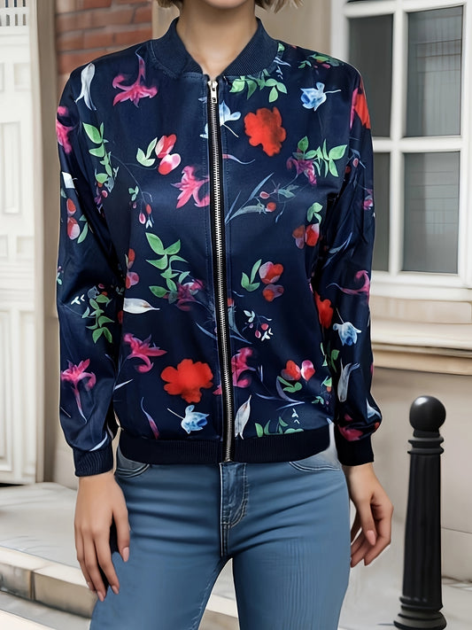 Graphic Print Zipper Jacket, Casual Baseball Neck Long Sleeve Outerwear, Women's Clothing