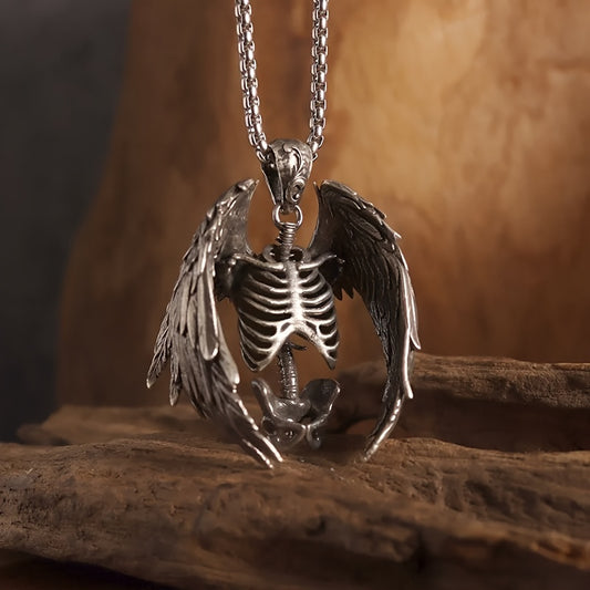 Gothic Wings Grim Reaper Pendant, Skull Necklace For Men, Punk Rock Jewelry Halloween Gift
