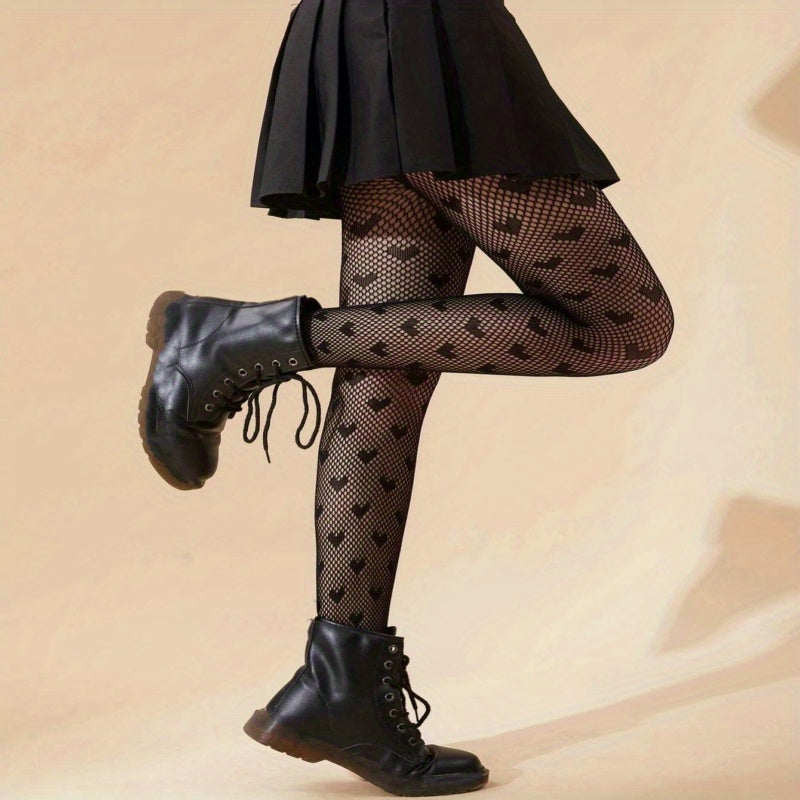 Sexy Heart Print Fishnet Tights, Hollow Out High Waist Mesh Pantyhose, Women's Stockings & Hosiery